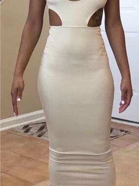 Fashion Nova Cream Ribbed Bodycon Pencil Skirt